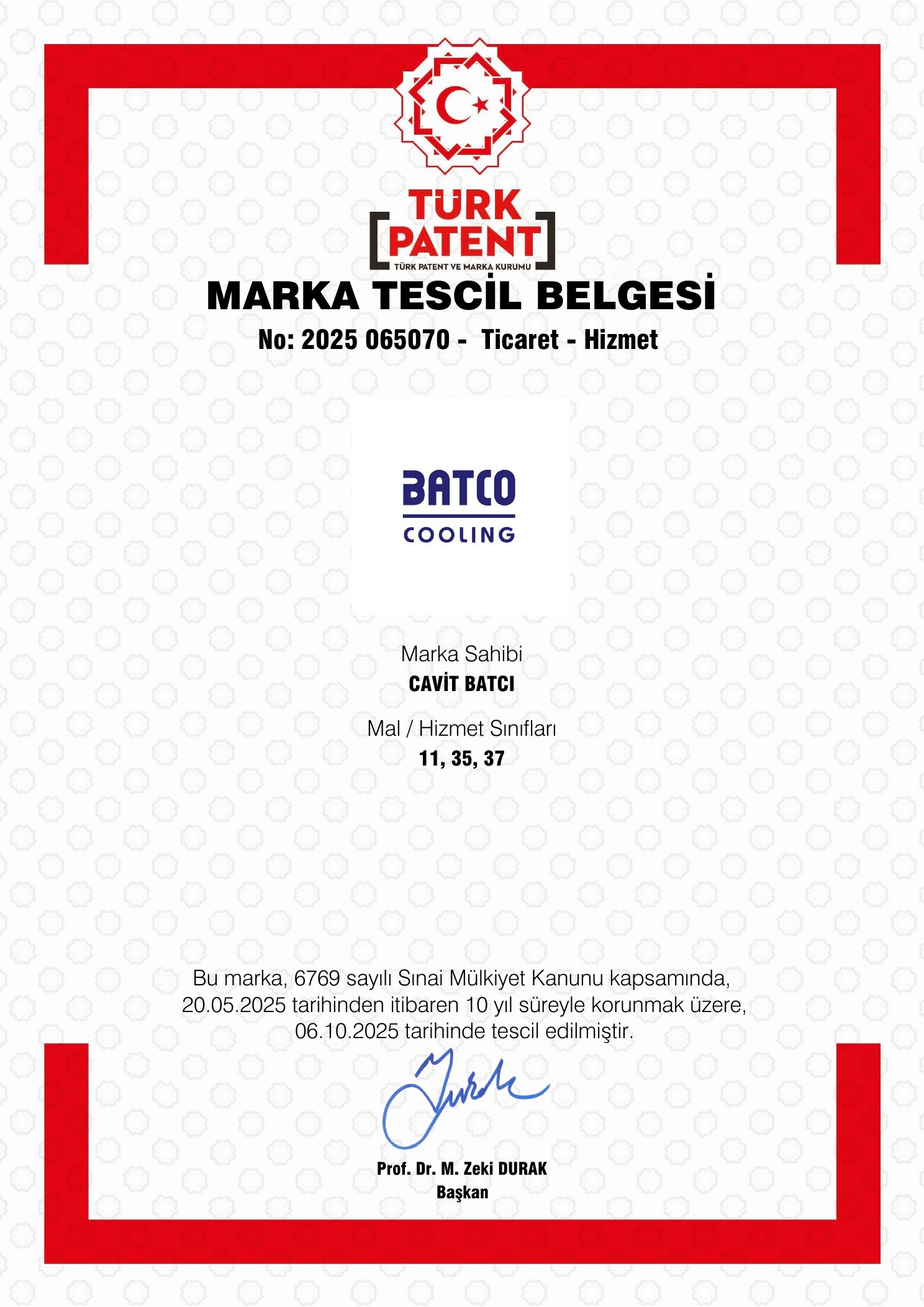 BATCO COOLING marka tescil belgesi 2025 065070