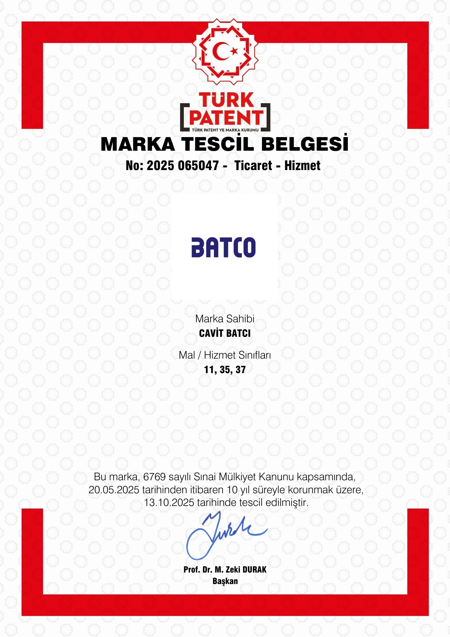 BATCO marka tescil belgesi 2025 065047